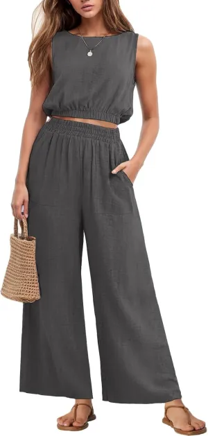 GRECERELLE Two Piece Sets for Women Sleeveless Crop Top Wide Leg Pants Sweat Set for Women Tracksuits 2025 Summer