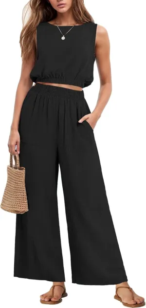GRECERELLE Two Piece Sets for Women Sleeveless Crop Top Wide Leg Pants Sweat Set for Women Tracksuits 2025 Summer