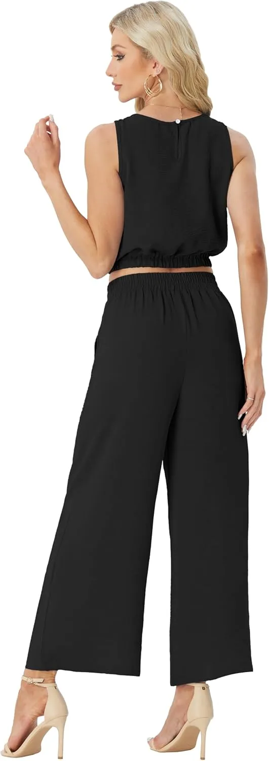 GRECERELLE Two Piece Sets for Women Sleeveless Crop Top Wide Leg Pants Sweat Set for Women Tracksuits 2025 Summer