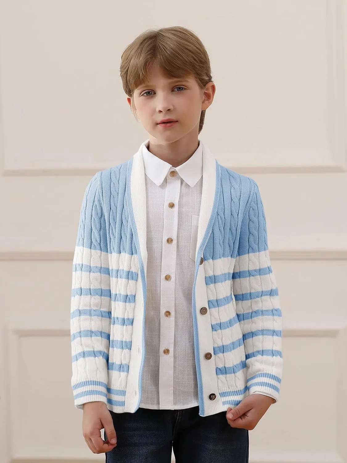 Haloumoning Boys Cardigan Striped Cable Knit Sweater Kids Casual Long Sleeve Shawl Collar Fall Clothes 4-14Y