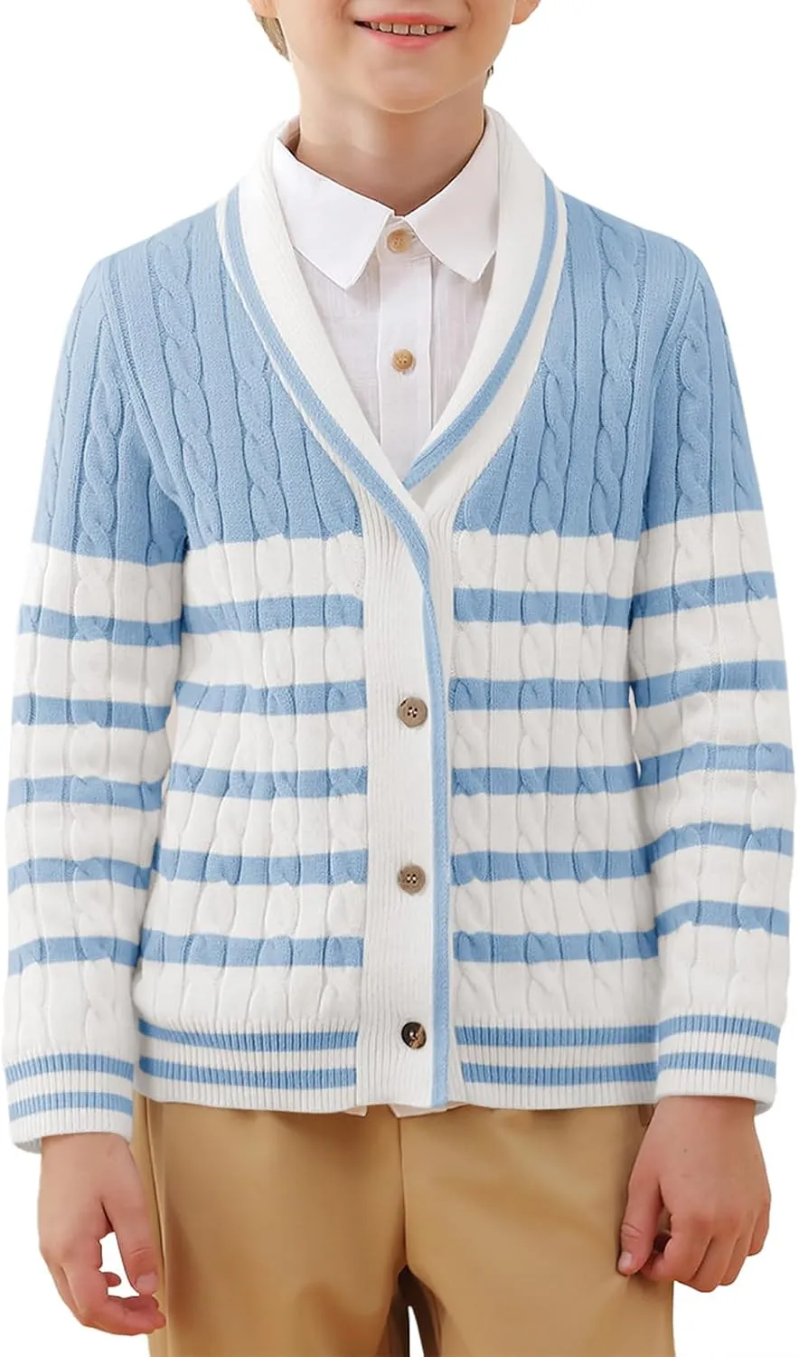 Haloumoning Boys Cardigan Striped Cable Knit Sweater Kids Casual Long Sleeve Shawl Collar Fall Clothes 4-14Y