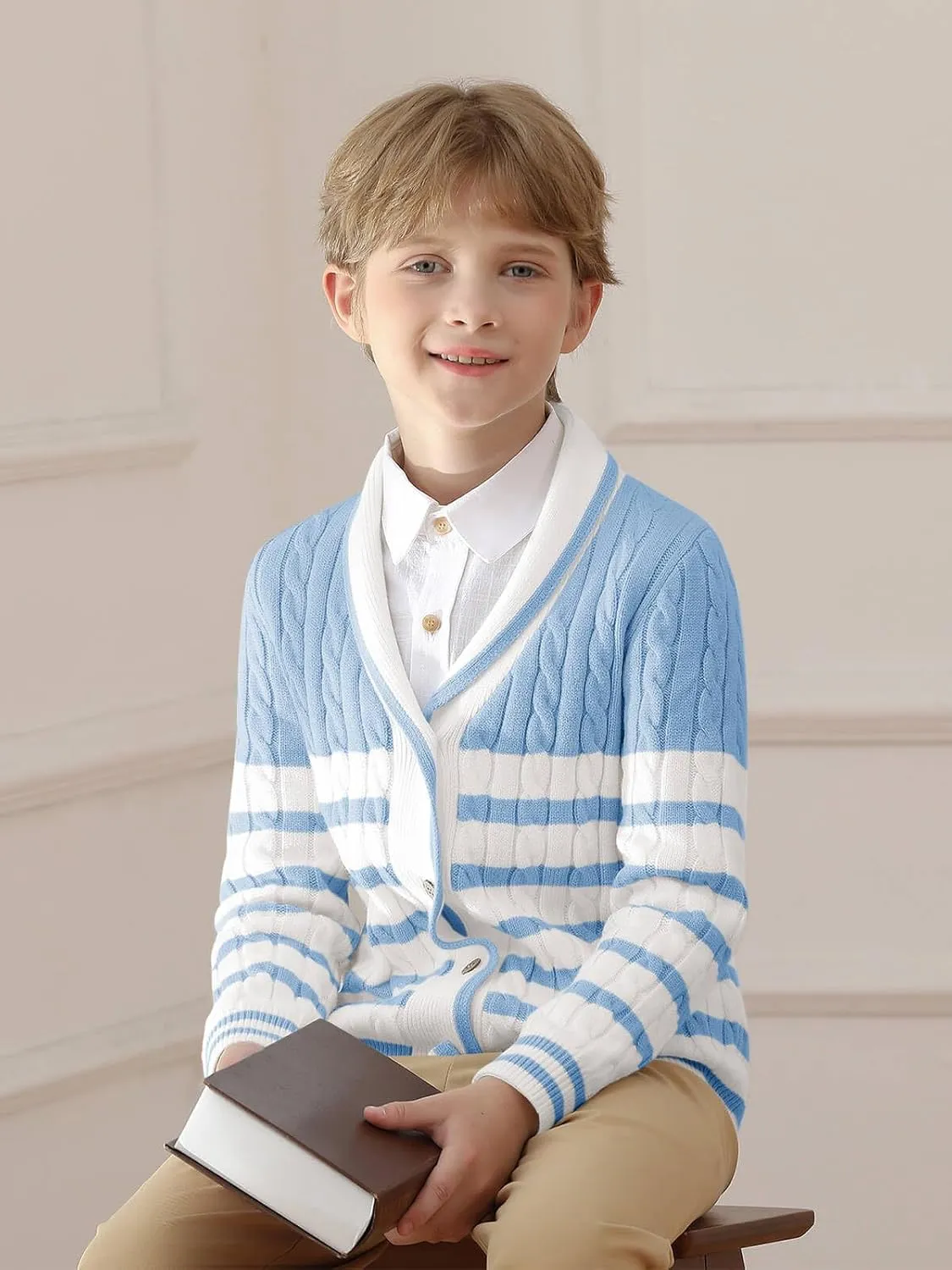 Haloumoning Boys Cardigan Striped Cable Knit Sweater Kids Casual Long Sleeve Shawl Collar Fall Clothes 4-14Y
