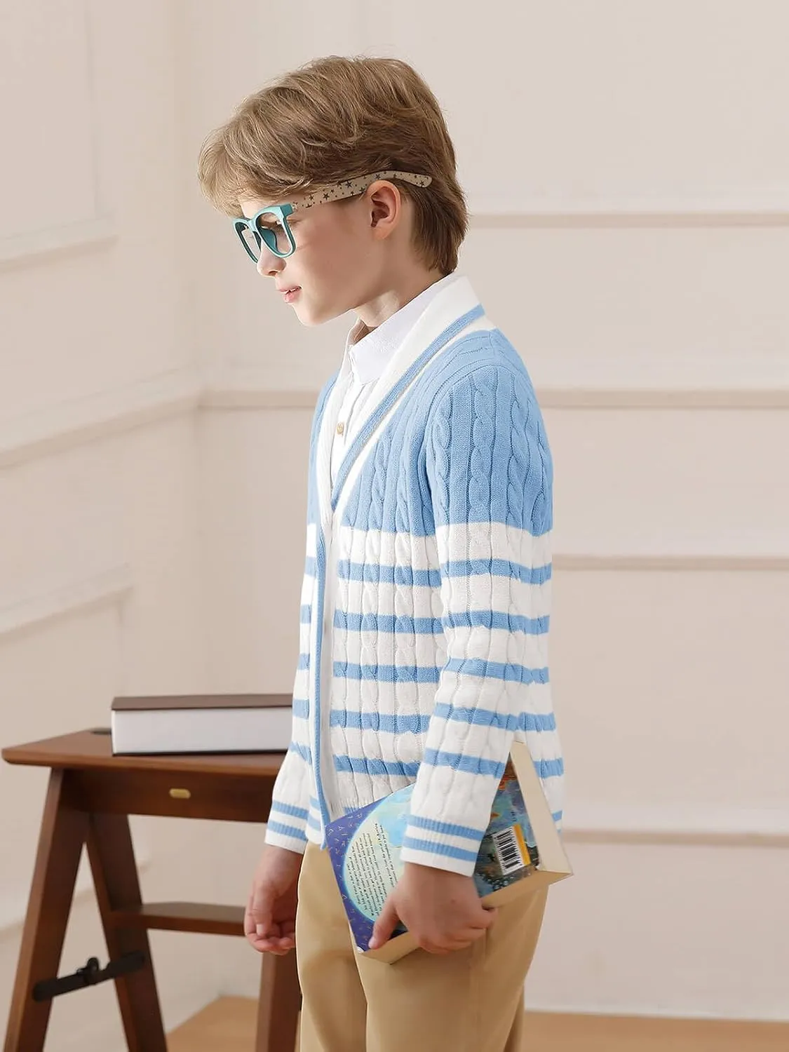 Haloumoning Boys Cardigan Striped Cable Knit Sweater Kids Casual Long Sleeve Shawl Collar Fall Clothes 4-14Y
