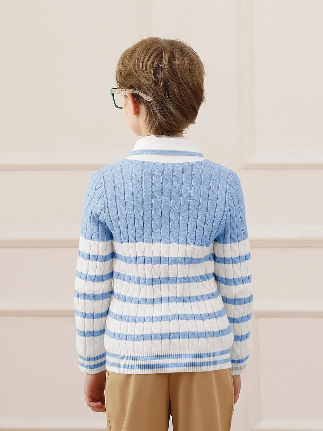 Haloumoning Boys Cardigan Striped Cable Knit Sweater Kids Casual Long Sleeve Shawl Collar Fall Clothes 4-14Y