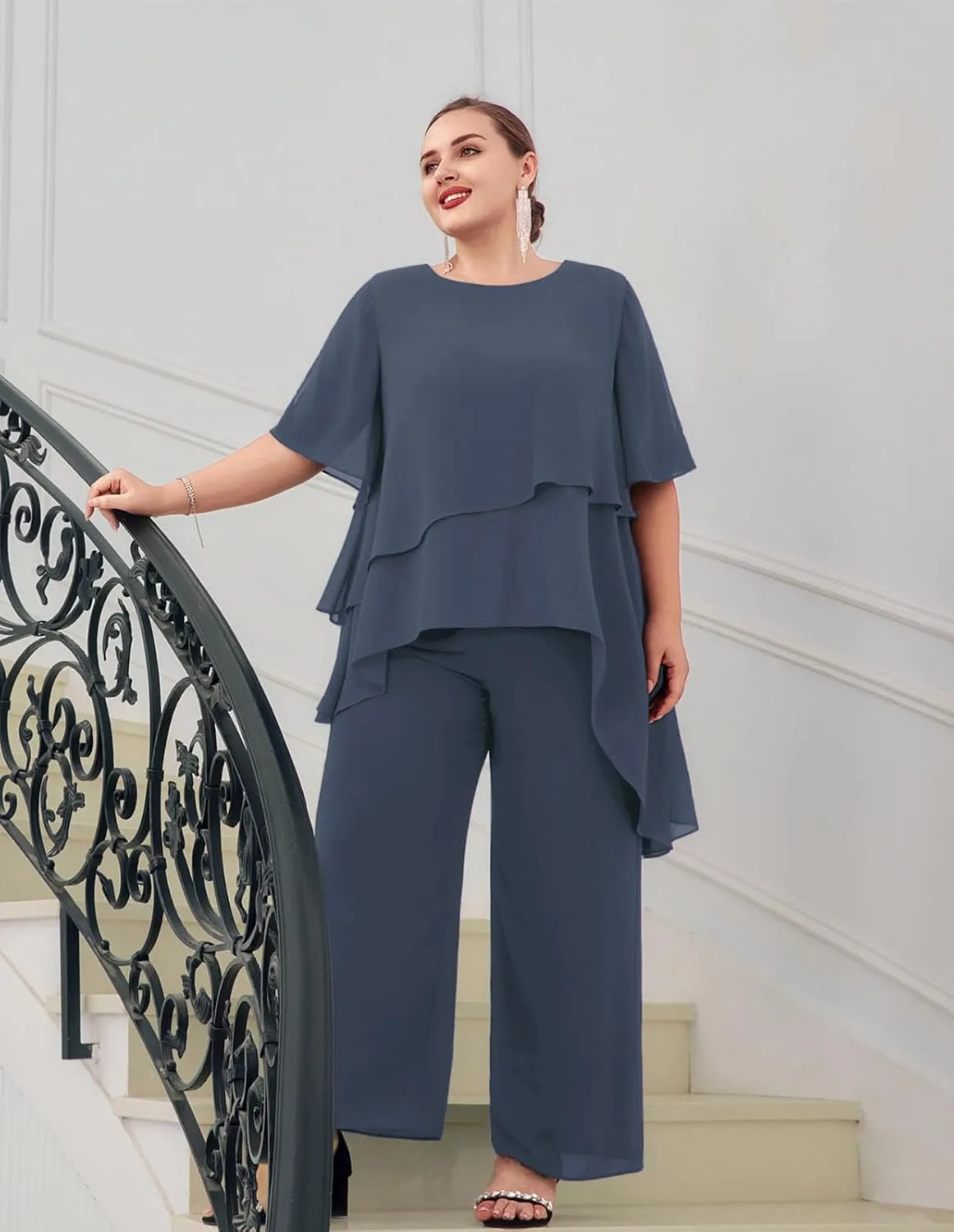 Hanna Nikole 2025 Plus Size Mother of The Bride Pant Suits 2 Piece Chiffon Sets Ruffle Asymmetric Layers Wedding Guest Outfit
