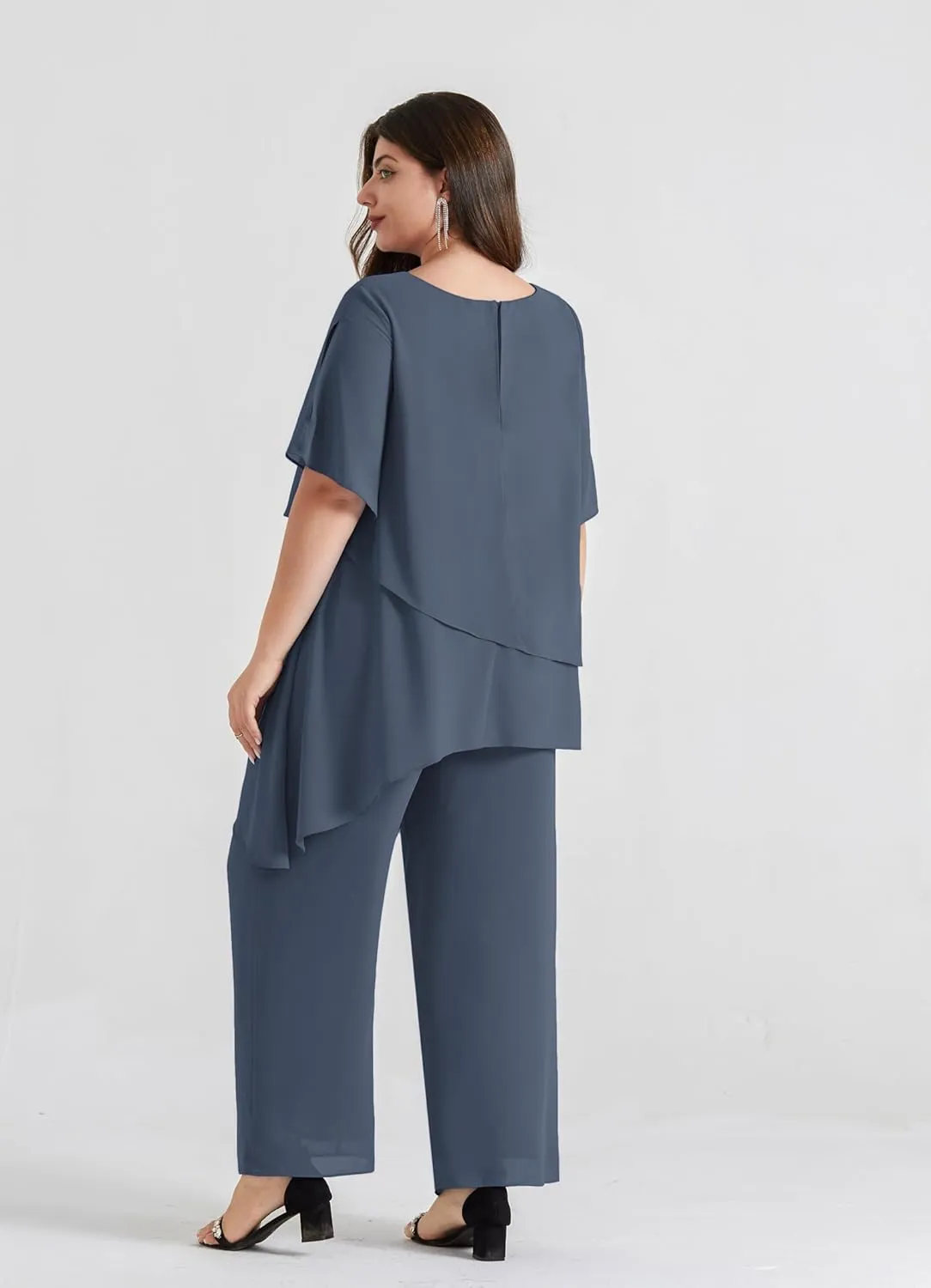 Hanna Nikole 2025 Plus Size Mother of The Bride Pant Suits 2 Piece Chiffon Sets Ruffle Asymmetric Layers Wedding Guest Outfit
