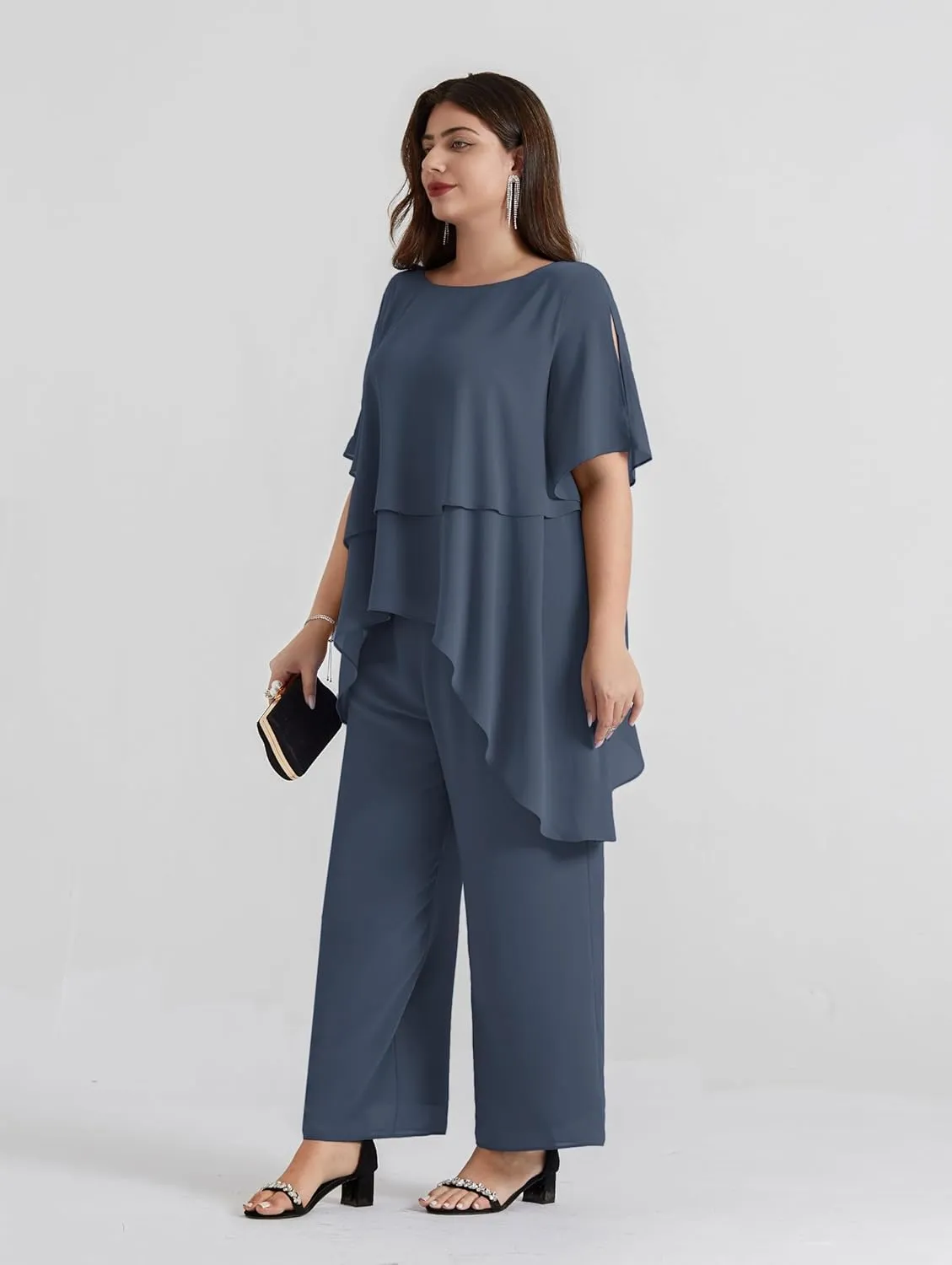 Hanna Nikole 2025 Plus Size Mother of The Bride Pant Suits 2 Piece Chiffon Sets Ruffle Asymmetric Layers Wedding Guest Outfit