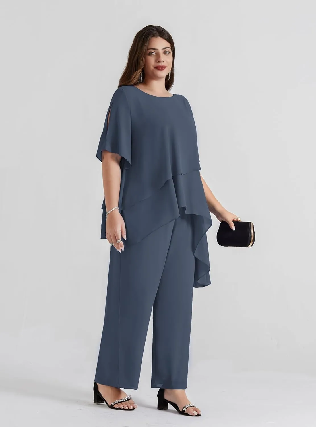 Hanna Nikole 2025 Plus Size Mother of The Bride Pant Suits 2 Piece Chiffon Sets Ruffle Asymmetric Layers Wedding Guest Outfit