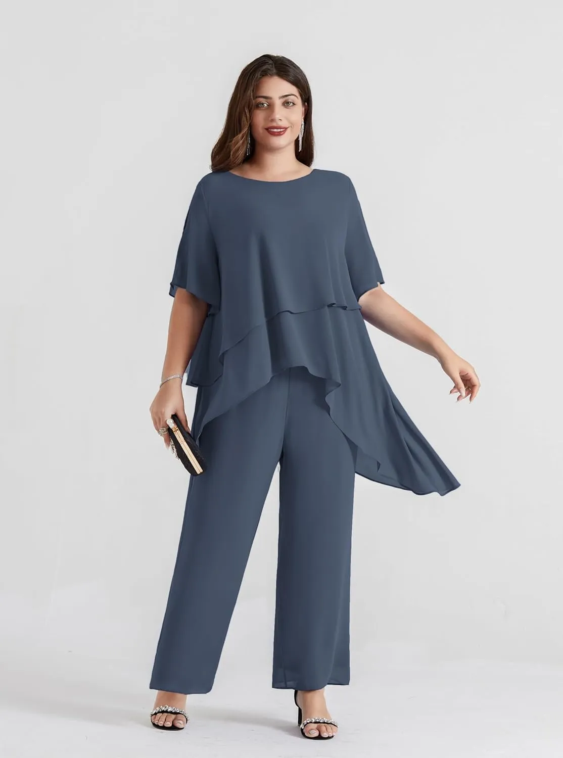 Hanna Nikole 2025 Plus Size Mother of The Bride Pant Suits 2 Piece Chiffon Sets Ruffle Asymmetric Layers Wedding Guest Outfit