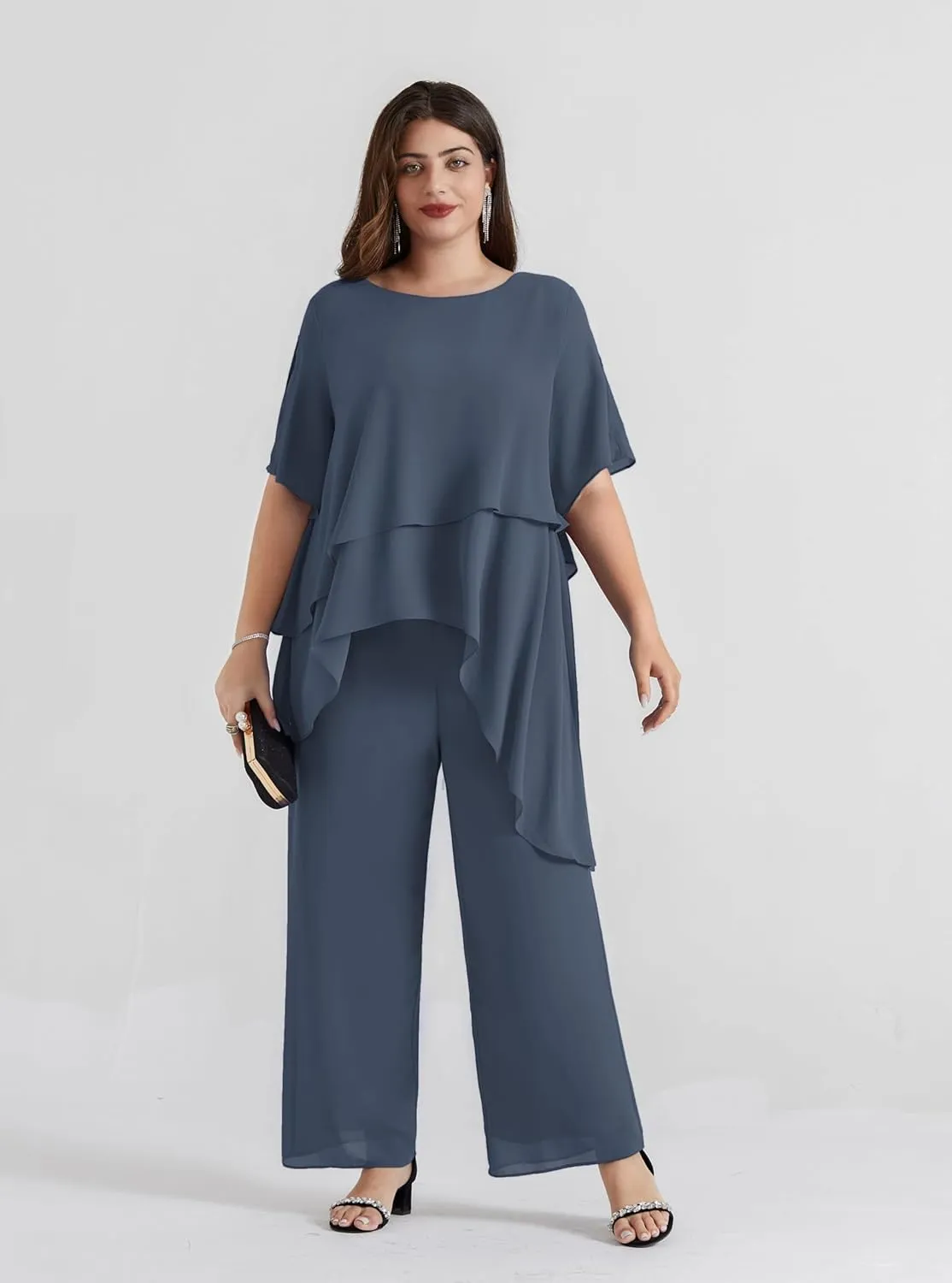 Hanna Nikole 2025 Plus Size Mother of The Bride Pant Suits 2 Piece Chiffon Sets Ruffle Asymmetric Layers Wedding Guest Outfit