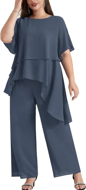 Hanna Nikole 2025 Plus Size Mother of The Bride Pant Suits 2 Piece Chiffon Sets Ruffle Asymmetric Layers Wedding Guest Outfit