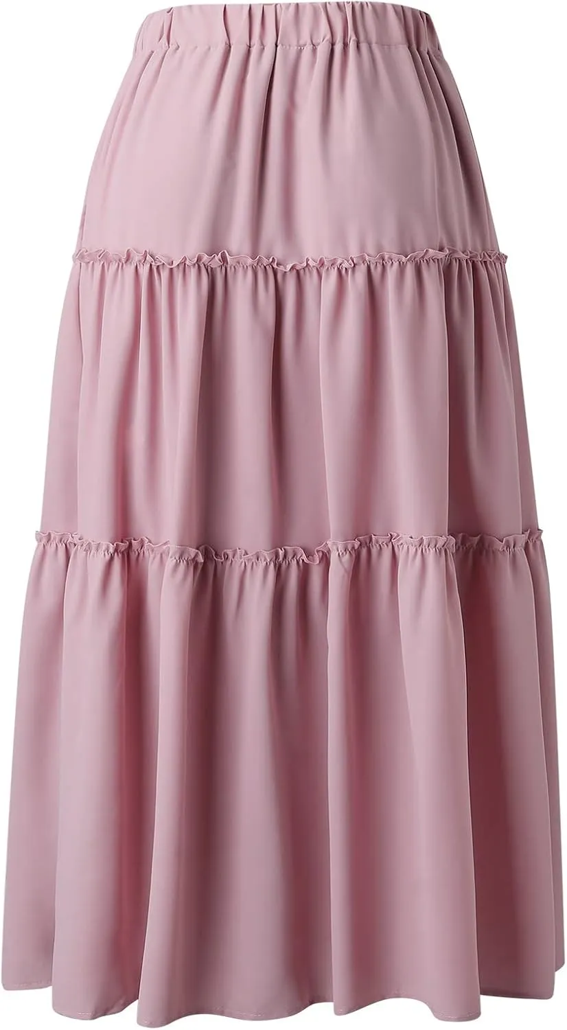 High Waisted Skirts for Women Bohemian Flowy A-Line Midi Length Casual Skirt Tiered Ruffles and Elastic Waistband