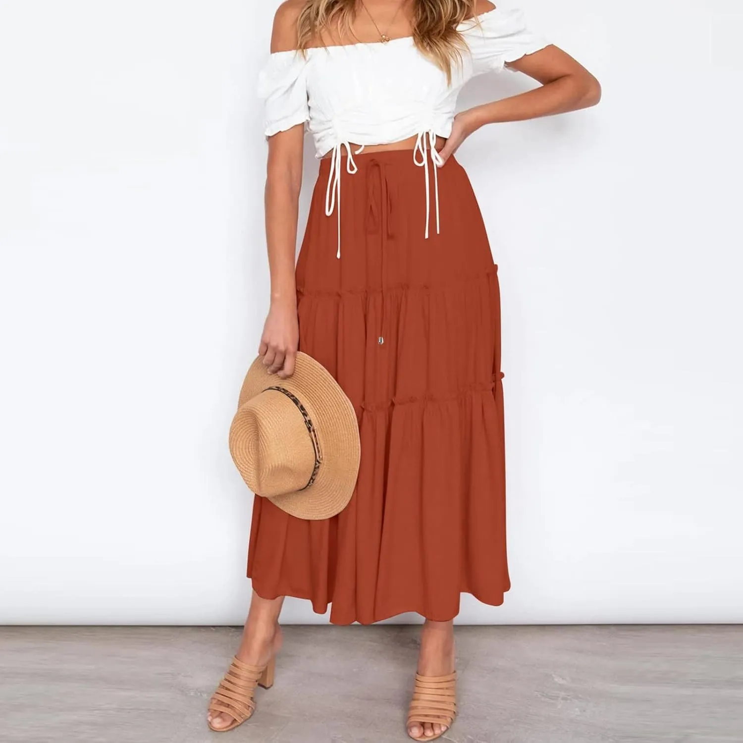 High Waisted Skirts for Women Bohemian Flowy A-Line Midi Length Casual Skirt Tiered Ruffles and Elastic Waistband