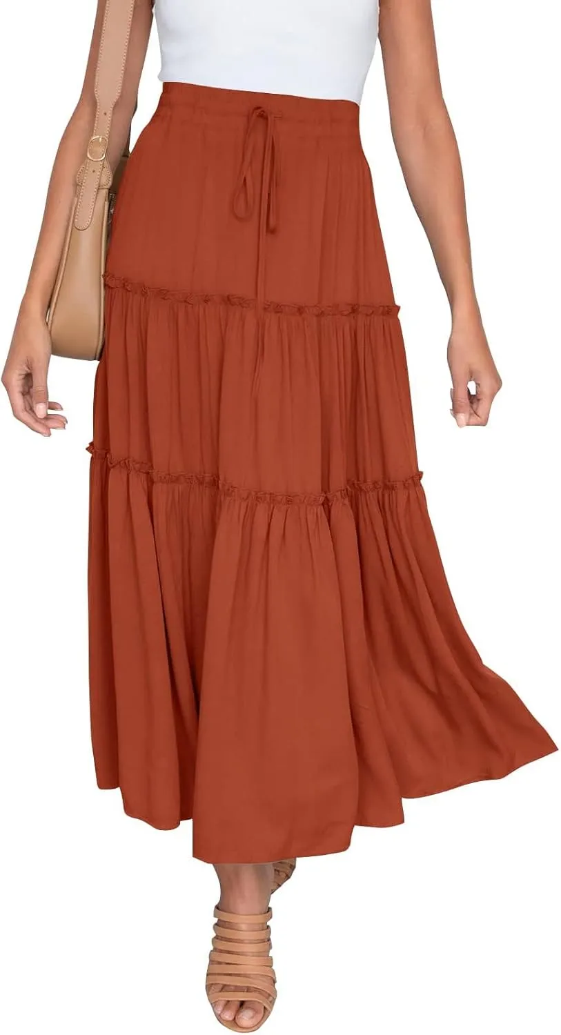 High Waisted Skirts for Women Bohemian Flowy A-Line Midi Length Casual Skirt Tiered Ruffles and Elastic Waistband
