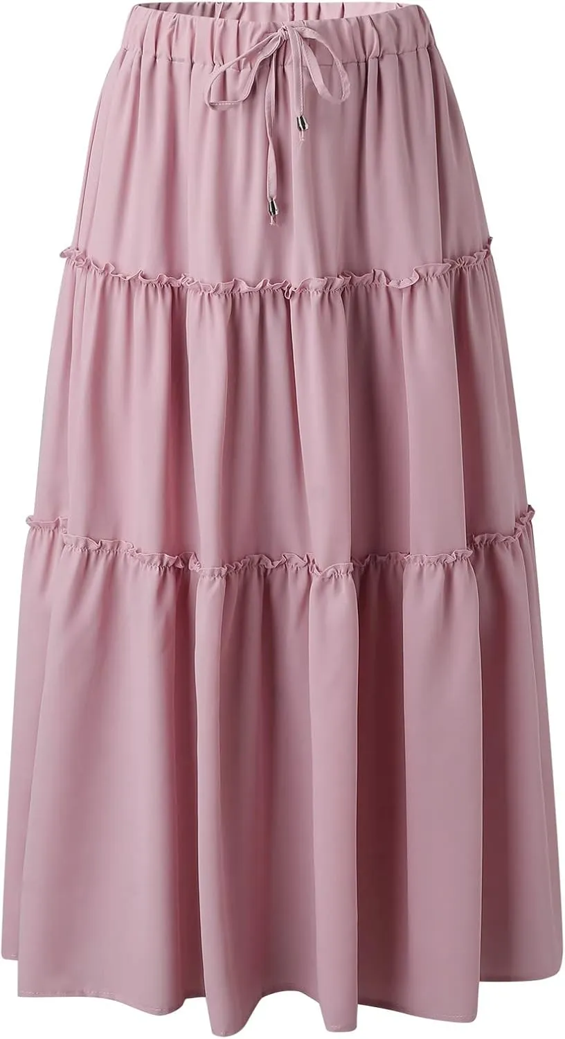 High Waisted Skirts for Women Bohemian Flowy A-Line Midi Length Casual Skirt Tiered Ruffles and Elastic Waistband