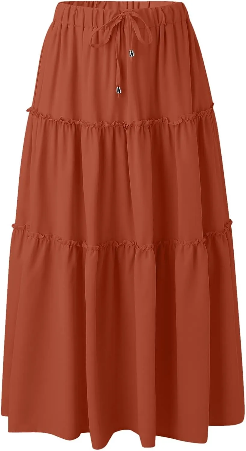 High Waisted Skirts for Women Bohemian Flowy A-Line Midi Length Casual Skirt Tiered Ruffles and Elastic Waistband
