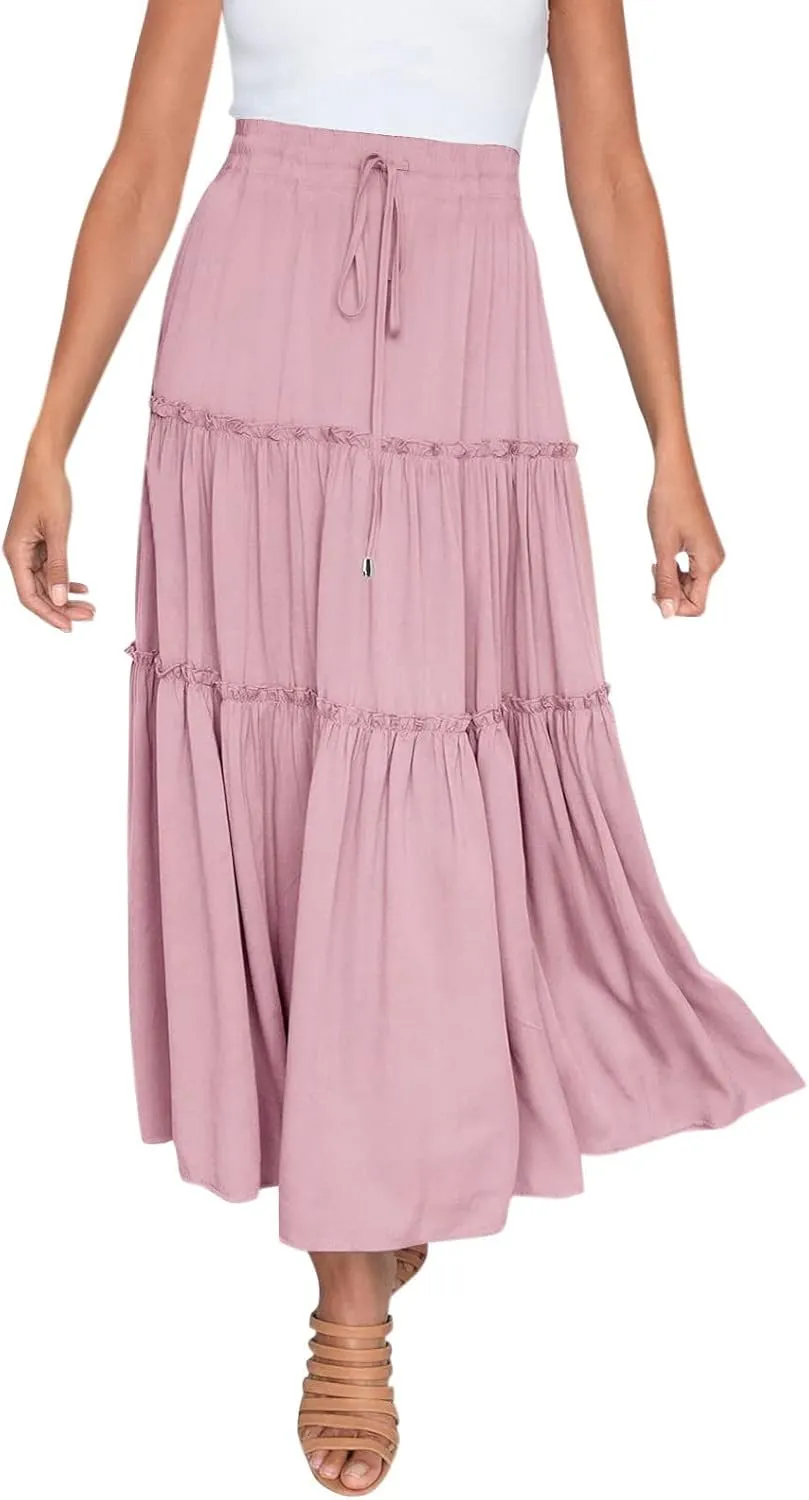 High Waisted Skirts for Women Bohemian Flowy A-Line Midi Length Casual Skirt Tiered Ruffles and Elastic Waistband