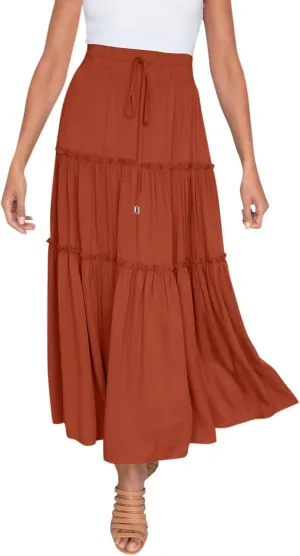 High Waisted Skirts for Women Bohemian Flowy A-Line Midi Length Casual Skirt Tiered Ruffles and Elastic Waistband
