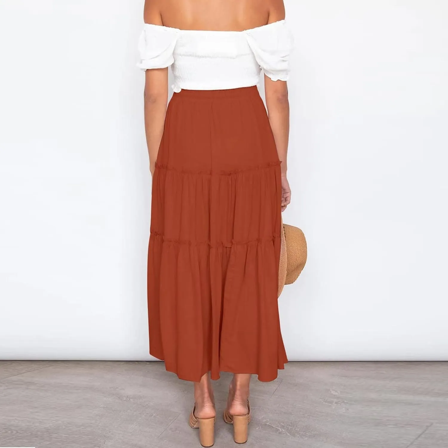 High Waisted Skirts for Women Bohemian Flowy A-Line Midi Length Casual Skirt Tiered Ruffles and Elastic Waistband