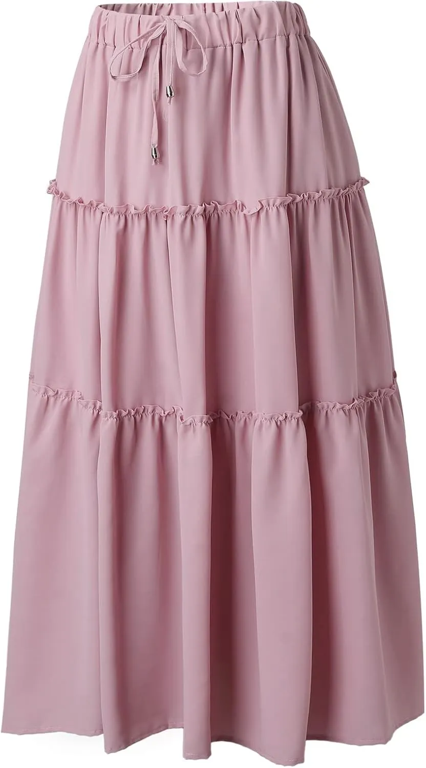 High Waisted Skirts for Women Bohemian Flowy A-Line Midi Length Casual Skirt Tiered Ruffles and Elastic Waistband