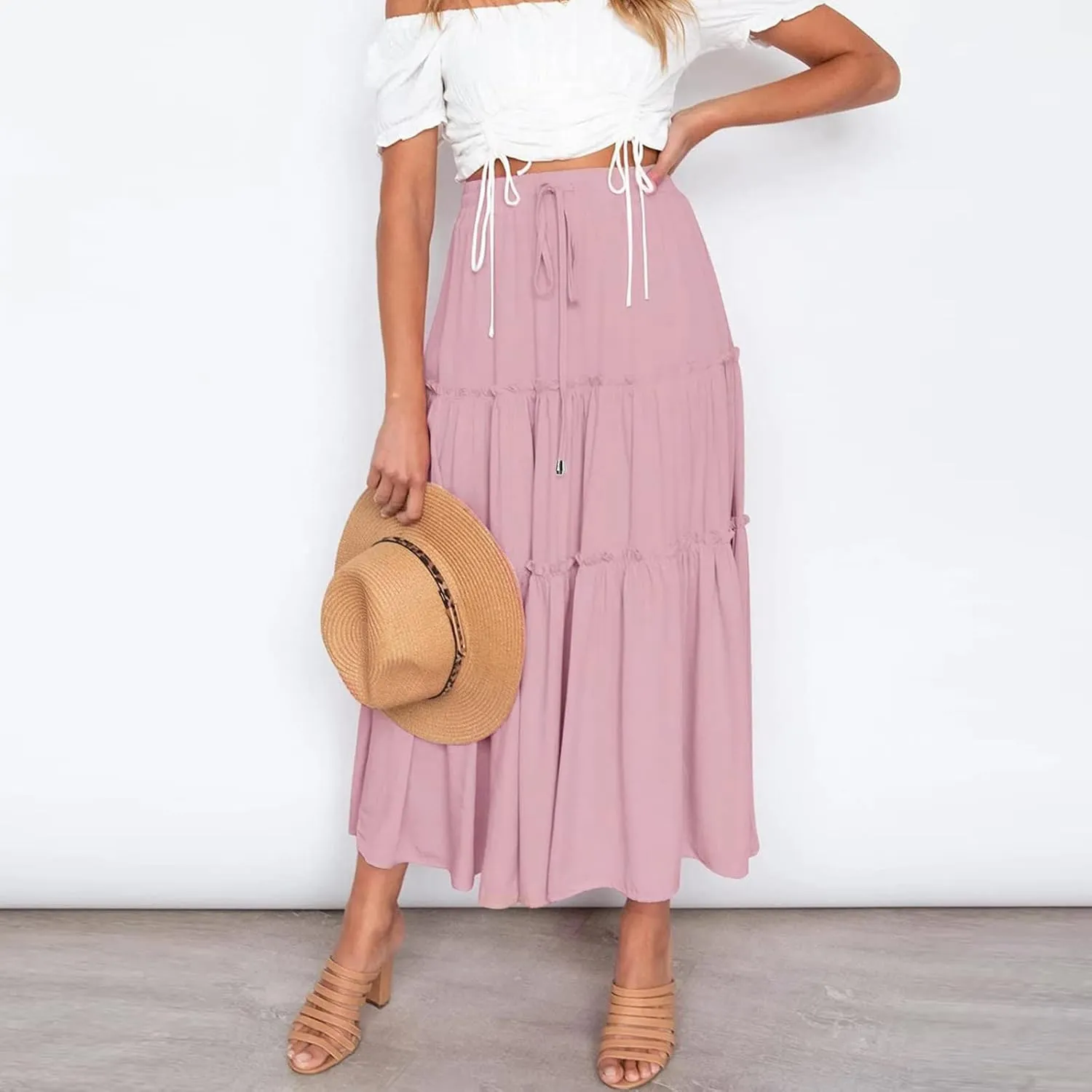High Waisted Skirts for Women Bohemian Flowy A-Line Midi Length Casual Skirt Tiered Ruffles and Elastic Waistband