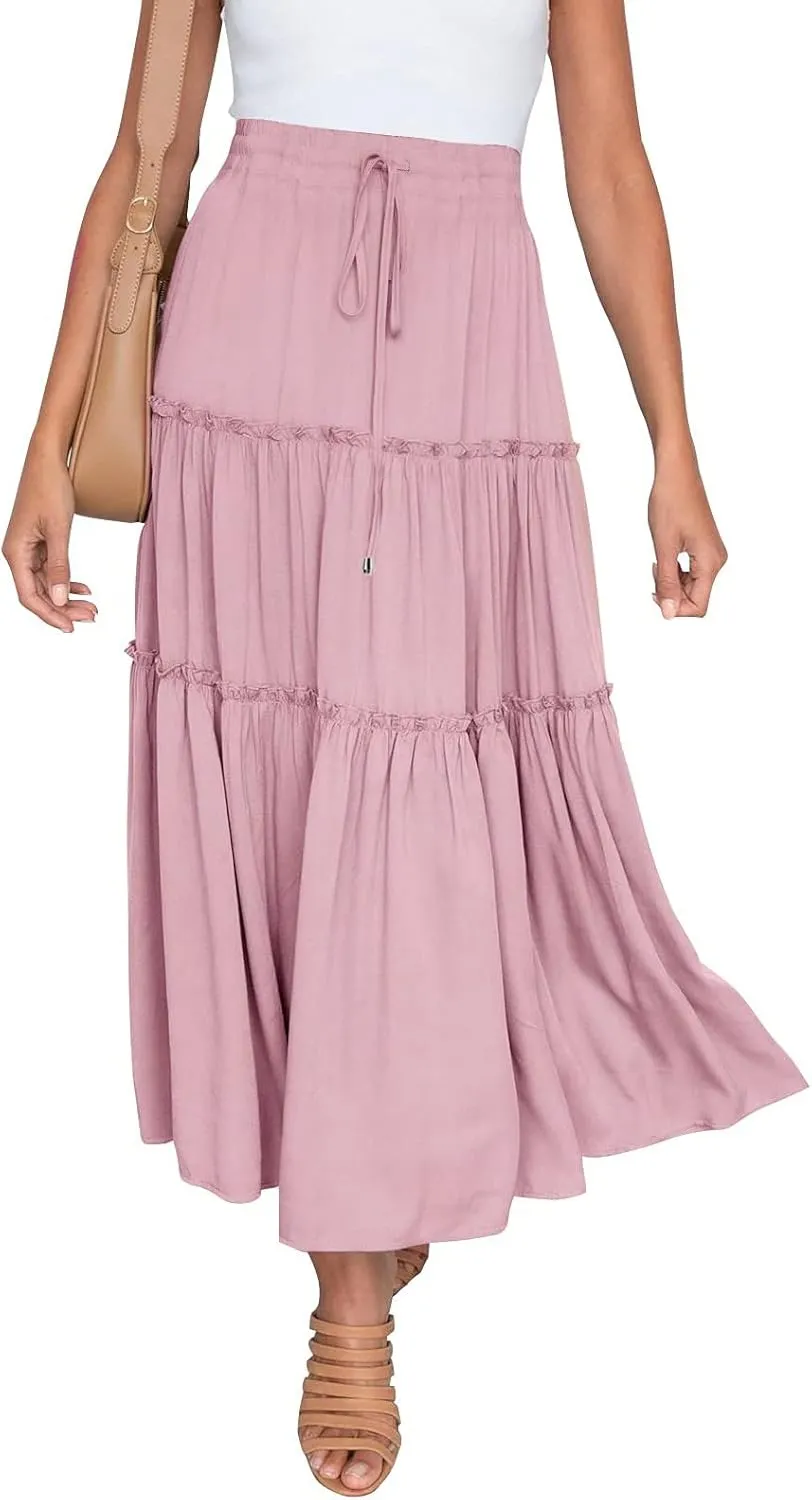 High Waisted Skirts for Women Bohemian Flowy A-Line Midi Length Casual Skirt Tiered Ruffles and Elastic Waistband