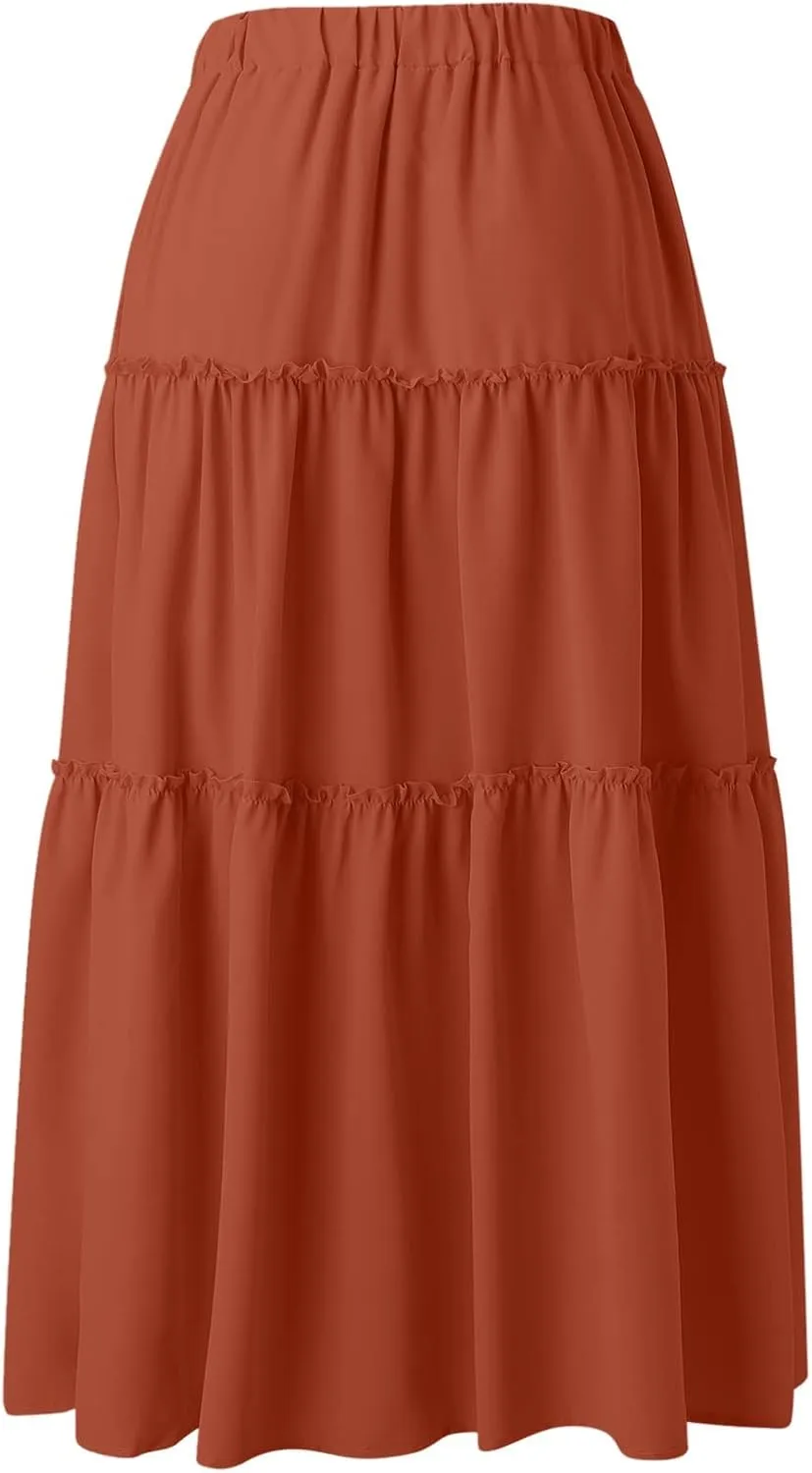 High Waisted Skirts for Women Bohemian Flowy A-Line Midi Length Casual Skirt Tiered Ruffles and Elastic Waistband