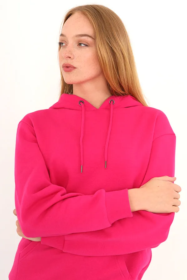 HOT PINK PLAIN DRAWSTRING HOODED SWEATSHIRT