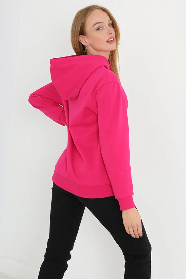 HOT PINK PLAIN DRAWSTRING HOODED SWEATSHIRT