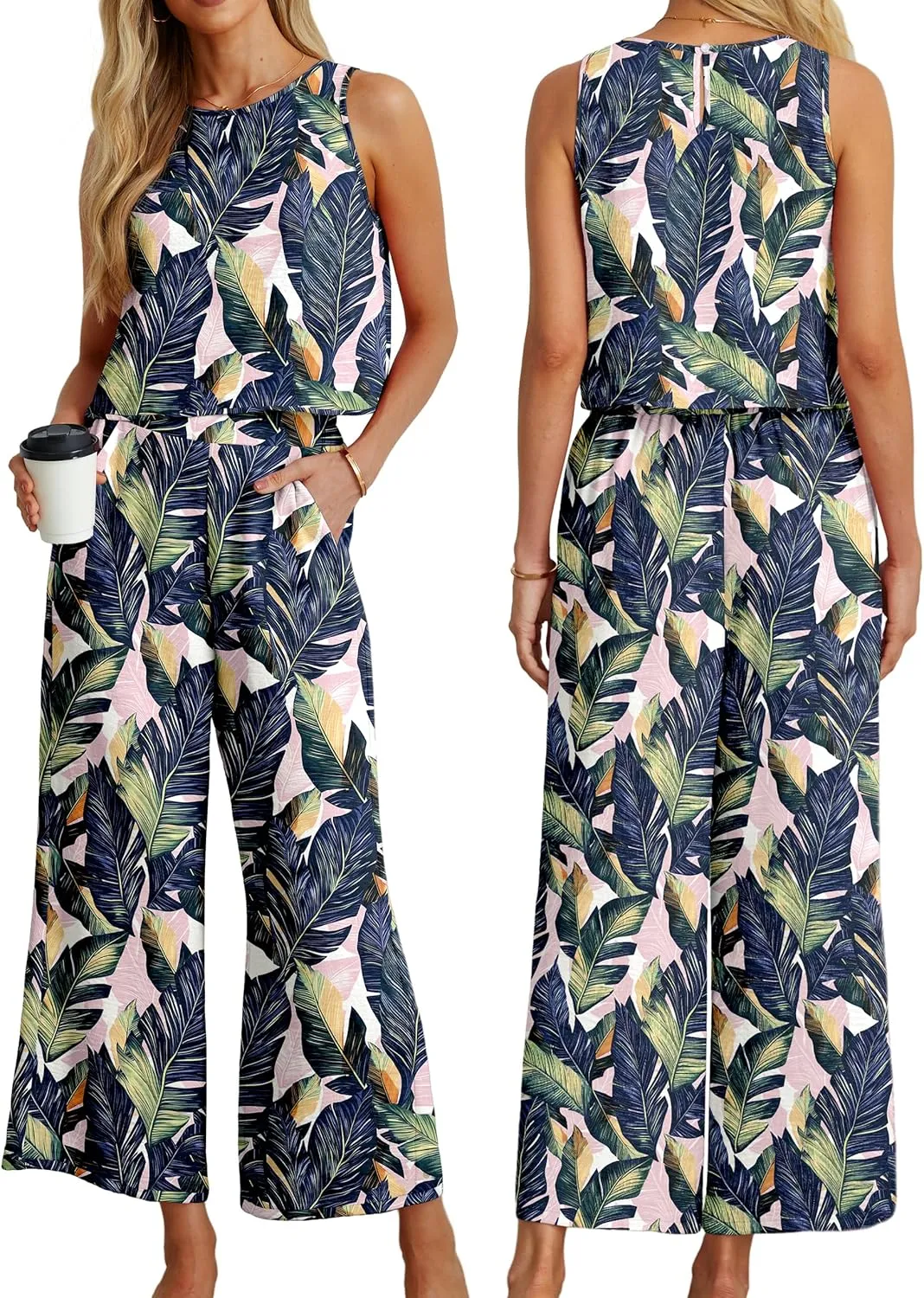 IWOLLENCE Women's Summer 2 Piece Outfits Set Round neck Sleeveless Tank Crop Top Wide Leg pants Set Pockets Jumpsuits