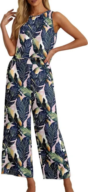IWOLLENCE Women's Summer 2 Piece Outfits Set Round neck Sleeveless Tank Crop Top Wide Leg pants Set Pockets Jumpsuits