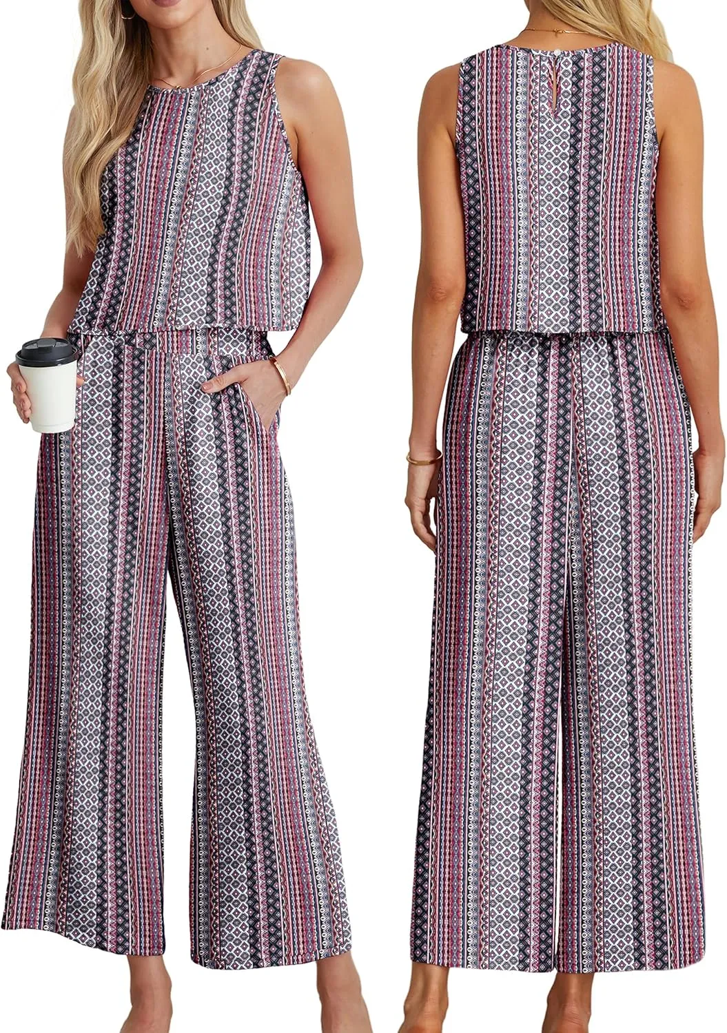 IWOLLENCE Women's Summer 2 Piece Outfits Set Round neck Sleeveless Tank Crop Top Wide Leg pants Set Pockets Jumpsuits