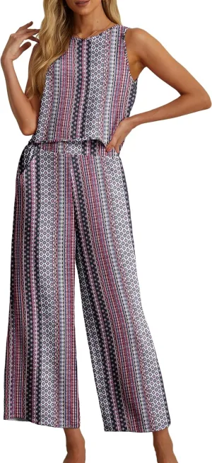 IWOLLENCE Women's Summer 2 Piece Outfits Set Round neck Sleeveless Tank Crop Top Wide Leg pants Set Pockets Jumpsuits