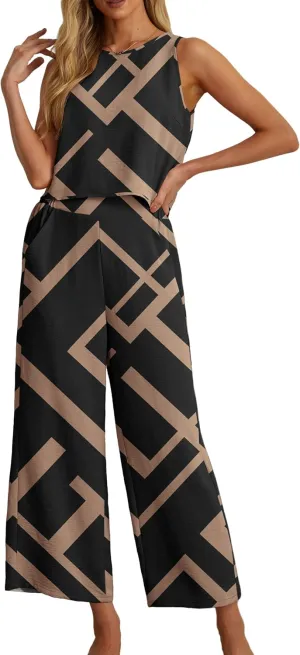 IWOLLENCE Women's Summer 2 Piece Outfits Set Round neck Sleeveless Tank Crop Top Wide Leg pants Set Pockets Jumpsuits