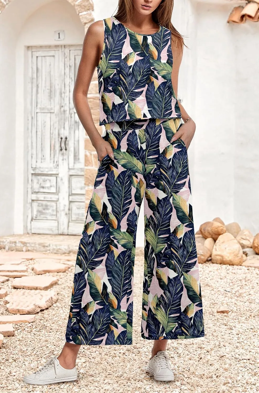 IWOLLENCE Women's Summer 2 Piece Outfits Set Round neck Sleeveless Tank Crop Top Wide Leg pants Set Pockets Jumpsuits