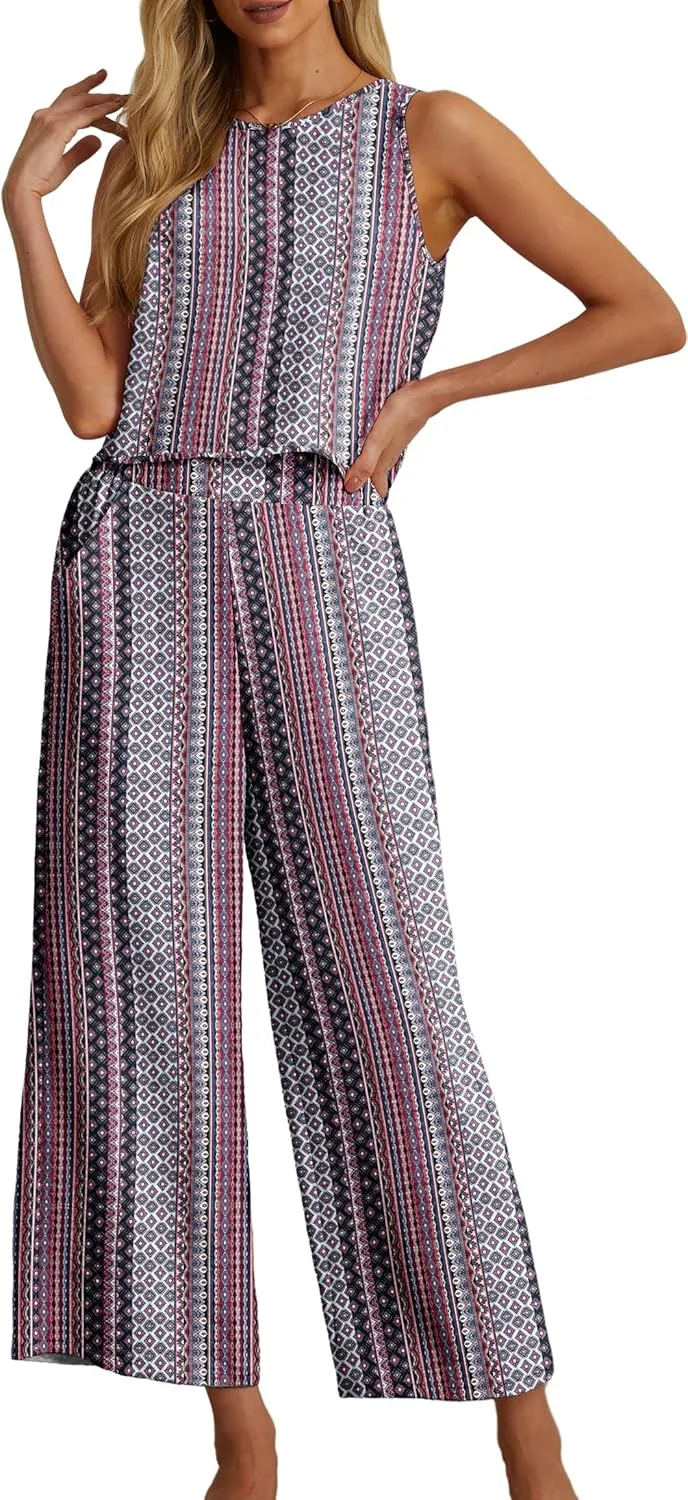 IWOLLENCE Women's Summer 2 Piece Outfits Set Round neck Sleeveless Tank Crop Top Wide Leg pants Set Pockets Jumpsuits