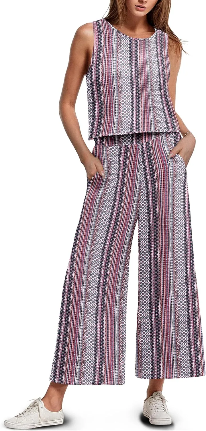 IWOLLENCE Women's Summer 2 Piece Outfits Set Round neck Sleeveless Tank Crop Top Wide Leg pants Set Pockets Jumpsuits