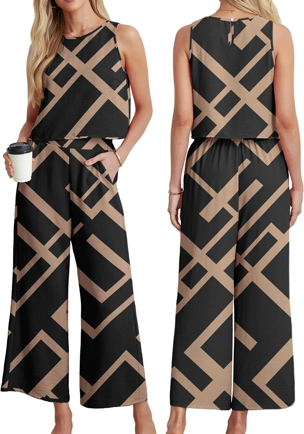IWOLLENCE Women's Summer 2 Piece Outfits Set Round neck Sleeveless Tank Crop Top Wide Leg pants Set Pockets Jumpsuits