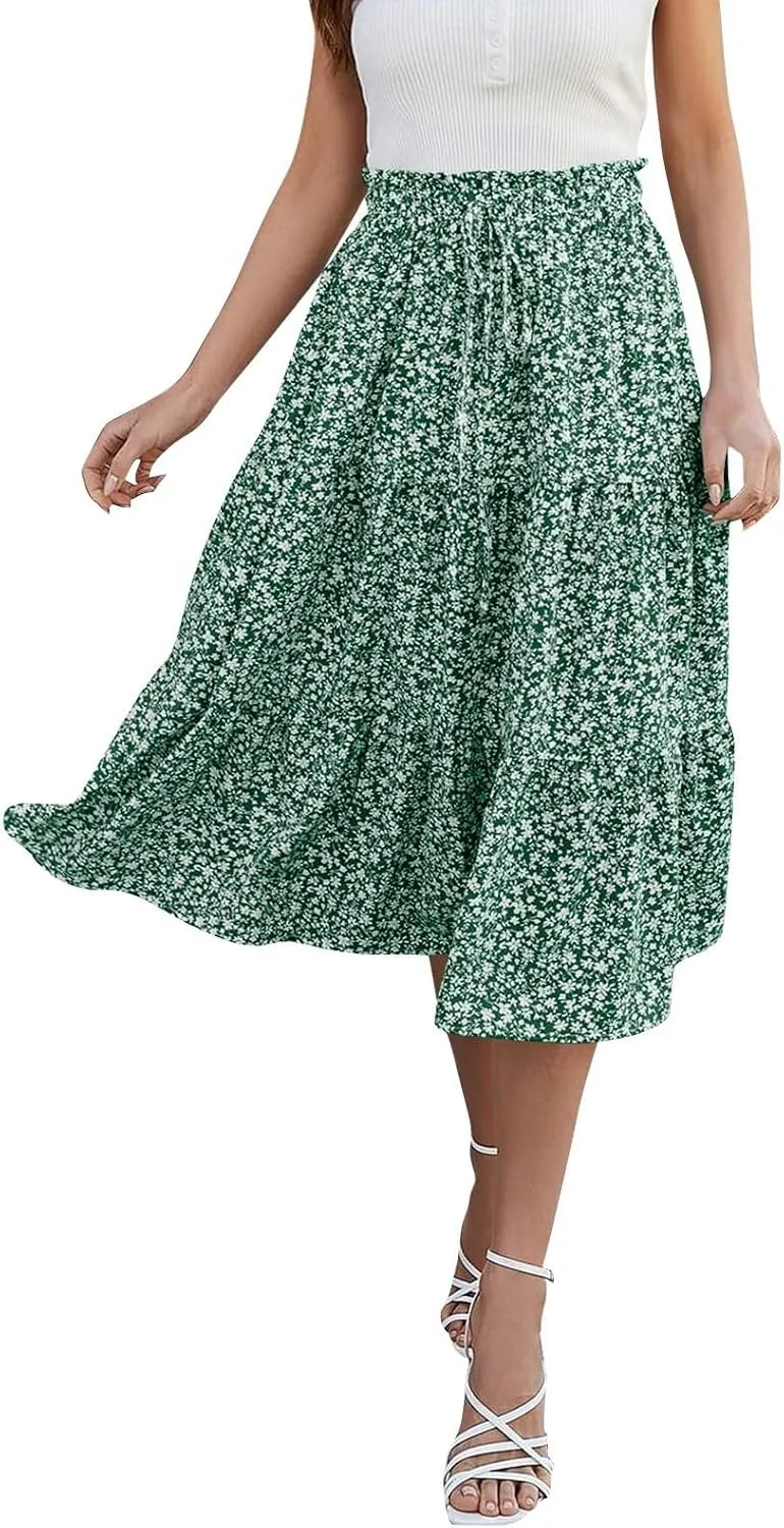 JJHAEVDY Women's Summer Flowy Swing Midi Skirts Boho High Elastic Waist Fake Drawstring Floral Print A line Casual Cute Skirt