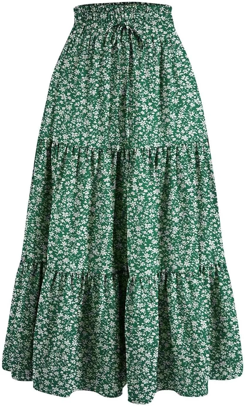 JJHAEVDY Women's Summer Flowy Swing Midi Skirts Boho High Elastic Waist Fake Drawstring Floral Print A line Casual Cute Skirt