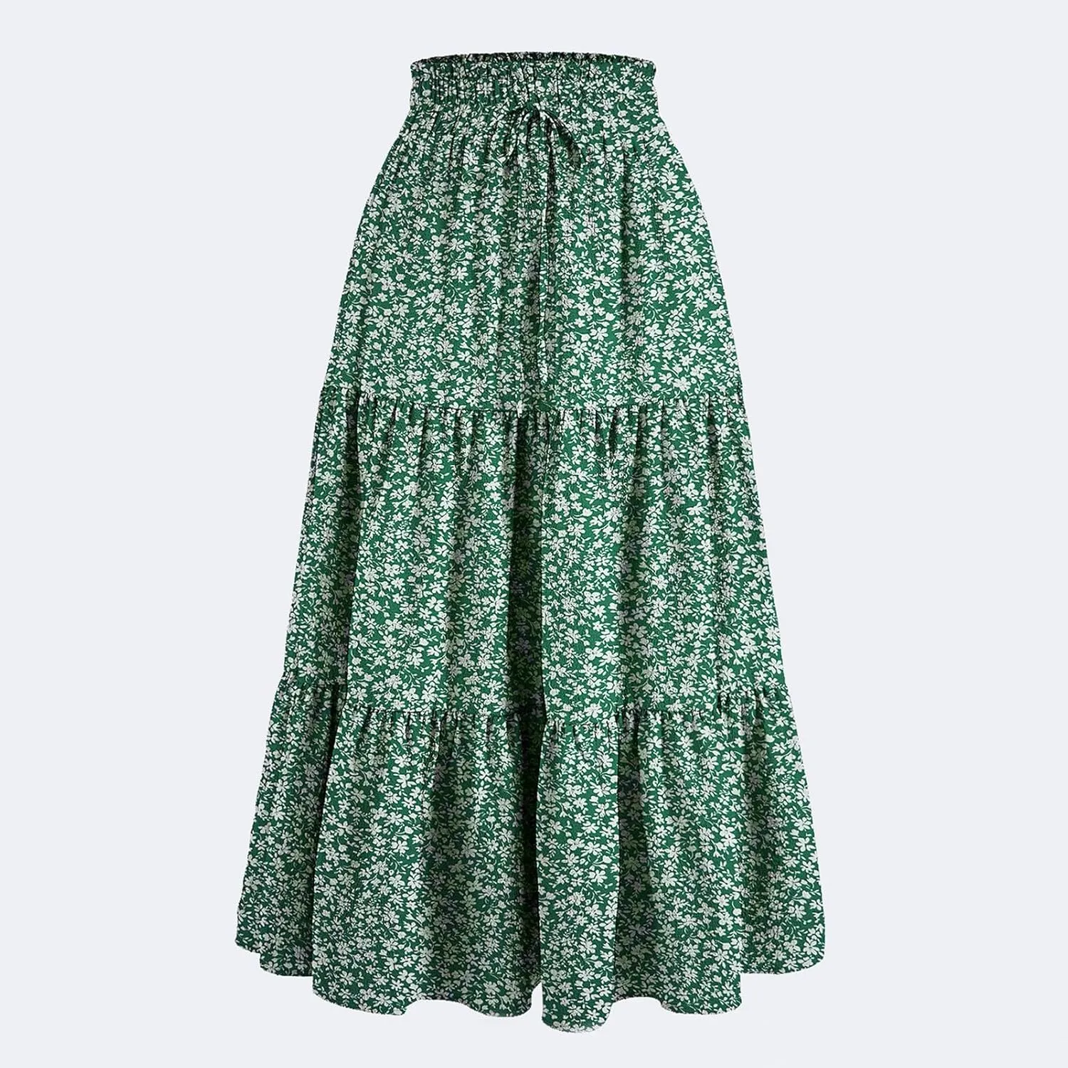 JJHAEVDY Women's Summer Flowy Swing Midi Skirts Boho High Elastic Waist Fake Drawstring Floral Print A line Casual Cute Skirt