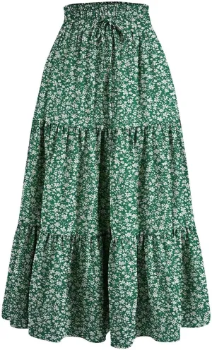 JJHAEVDY Women's Summer Flowy Swing Midi Skirts Boho High Elastic Waist Fake Drawstring Floral Print A line Casual Cute Skirt