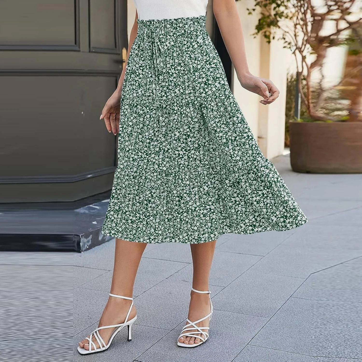 JJHAEVDY Women's Summer Flowy Swing Midi Skirts Boho High Elastic Waist Fake Drawstring Floral Print A line Casual Cute Skirt