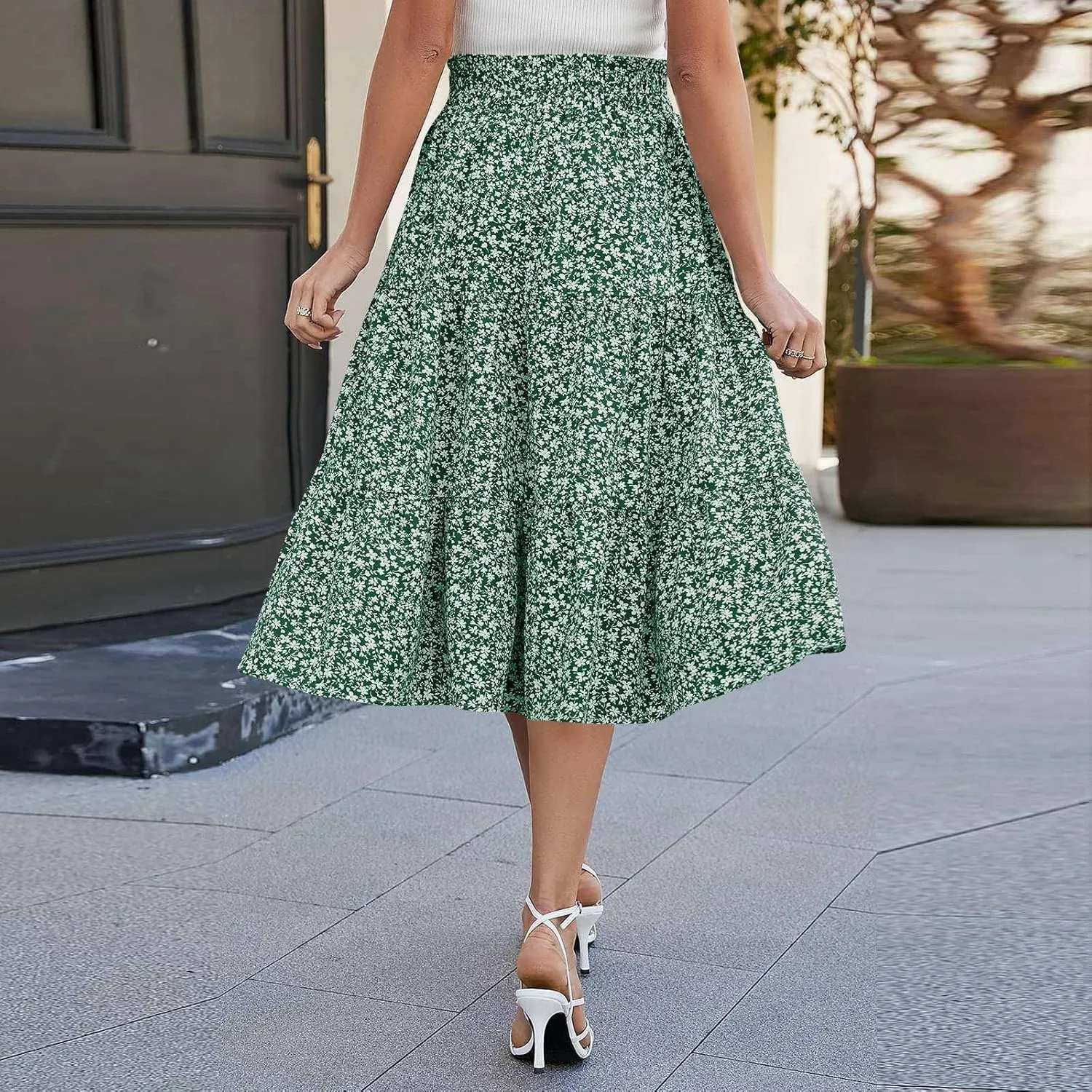 JJHAEVDY Women's Summer Flowy Swing Midi Skirts Boho High Elastic Waist Fake Drawstring Floral Print A line Casual Cute Skirt