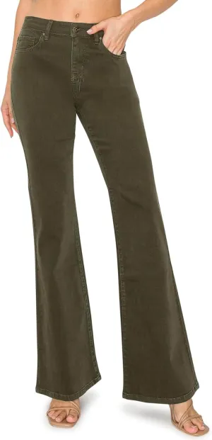 KHAKI & BLUE Women's The Everyday Garment-Dyed Flare Jeans  Soft Stretchy High Rise Comfy Casual Pants