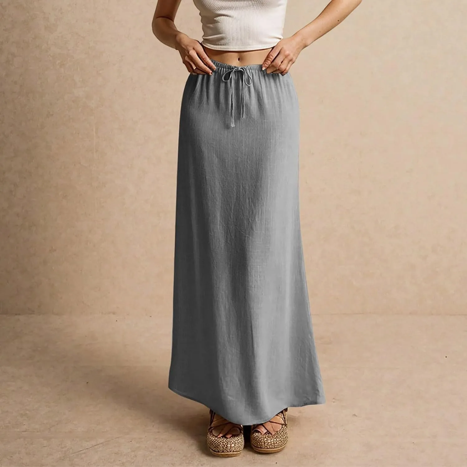 Linen Skirts for Women Summer Casual Flowy Boho Flared Stretchy High Waisted Drawstring Beach A Line Maxi Skirts
