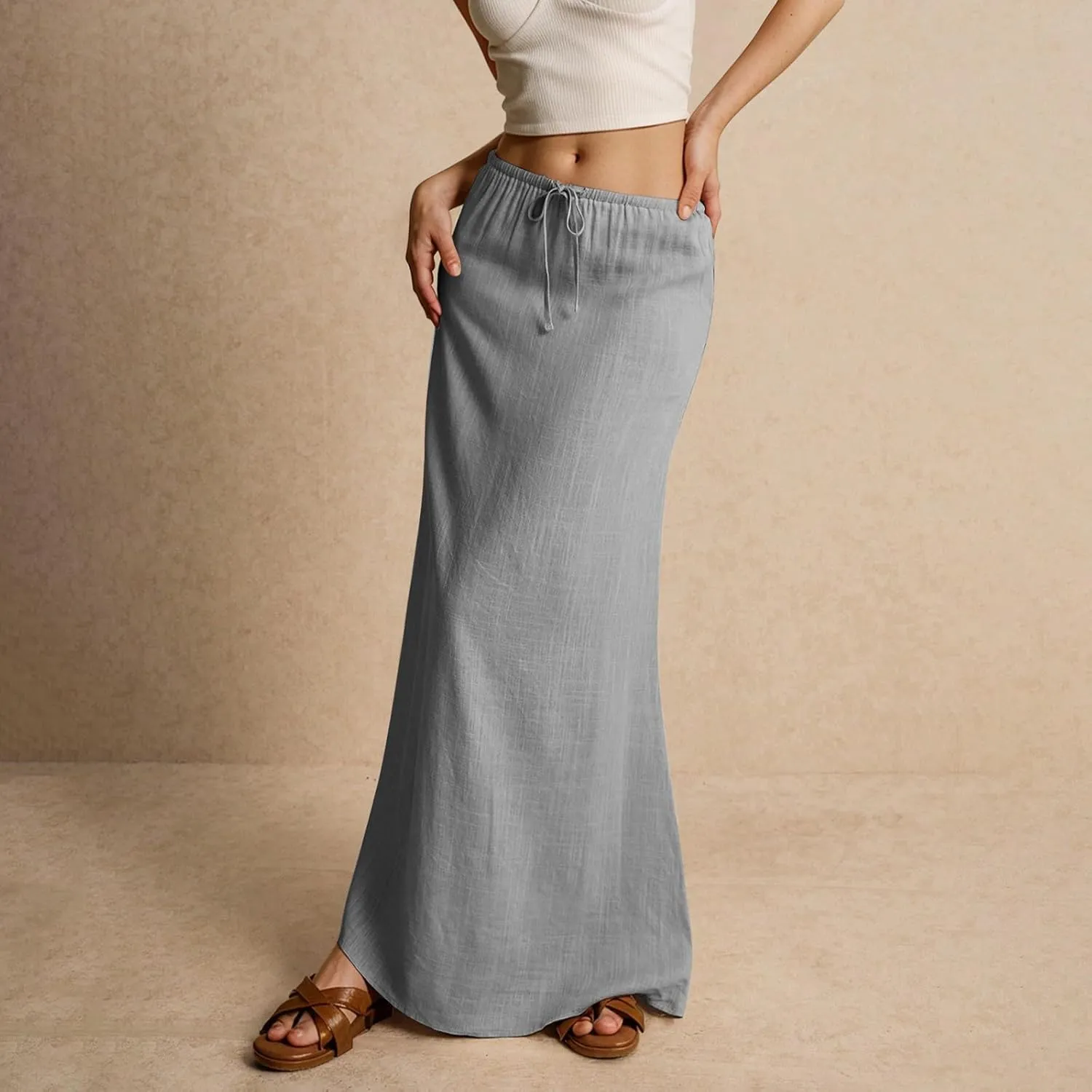 Linen Skirts for Women Summer Casual Flowy Boho Flared Stretchy High Waisted Drawstring Beach A Line Maxi Skirts