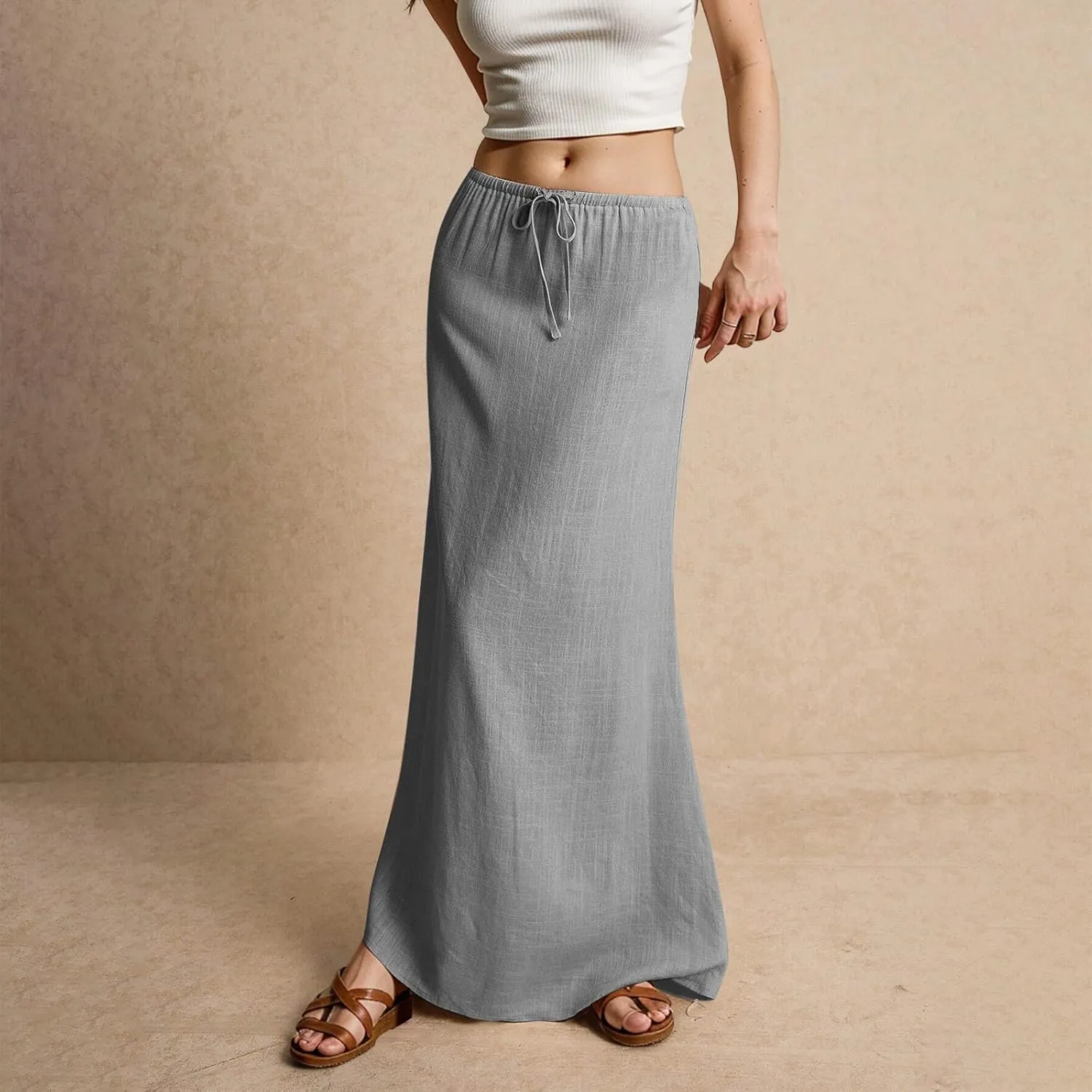 Linen Skirts for Women Summer Casual Flowy Boho Flared Stretchy High Waisted Drawstring Beach A Line Maxi Skirts