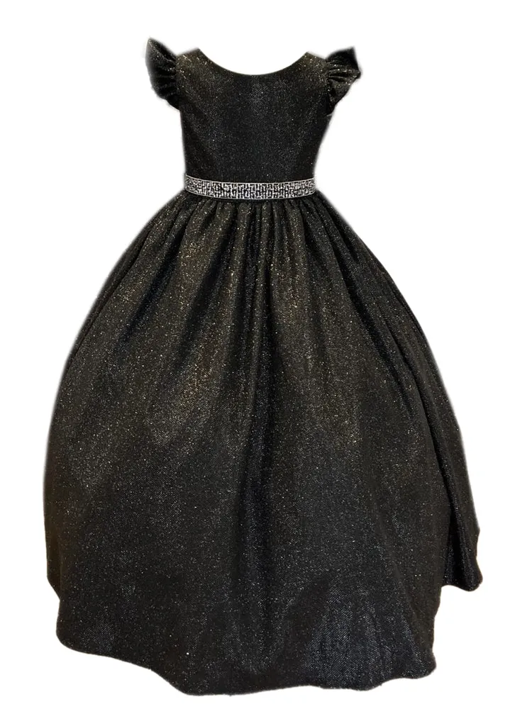 Little Girls Black Metallic Flutter Sleeve Flower Girl Dress 2-6