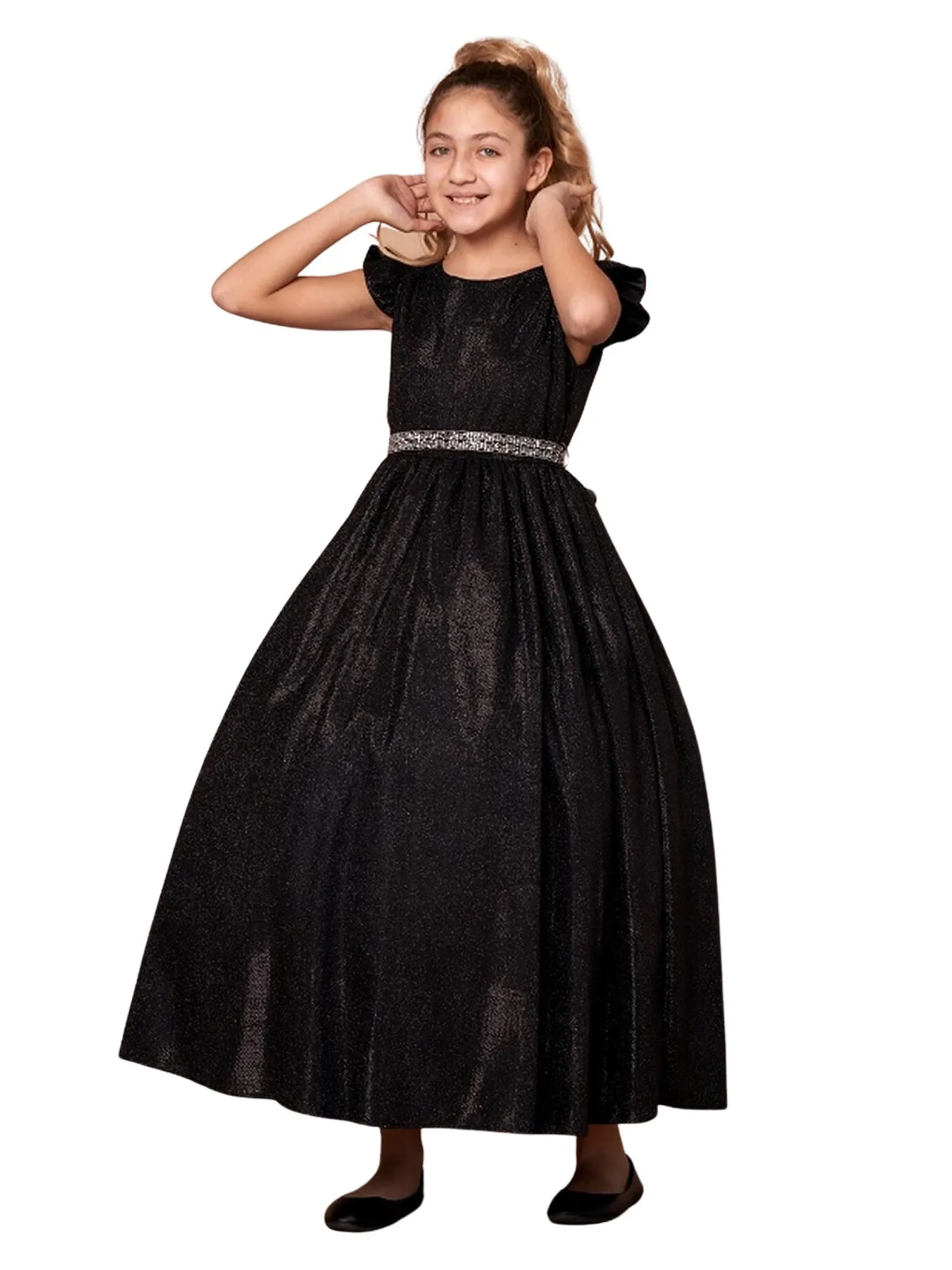 Little Girls Black Metallic Flutter Sleeve Flower Girl Dress 2-6